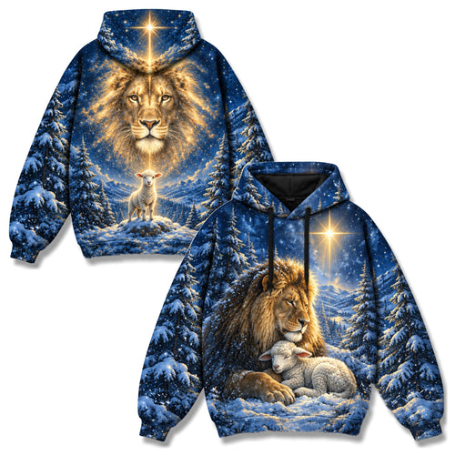Lion and Lamb Christmas Christian 3D Hoodie – Star of Bethlehem