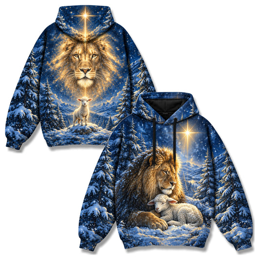 Lion and Lamb Christmas Christian 3D Hoodie – Star of Bethlehem