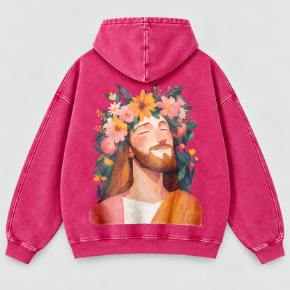Jesus Floral Crown Washed Hoodie – Watercolor Christian Faith Hoodie