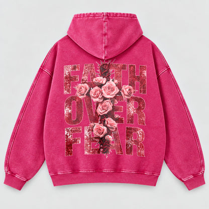 Faith Over Fear Washed Hoodie - Roses & Crown of Thorns Vintage Christian Hoodie