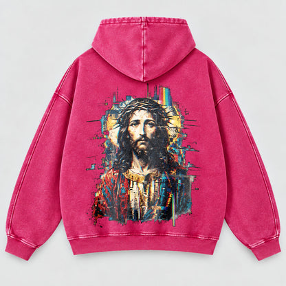 Jesus Glitch Art Washed Hoodie