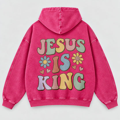 Jesus Is King Washed Hoodie – Retro Groovy Pastel Daisy Christian Hoodie