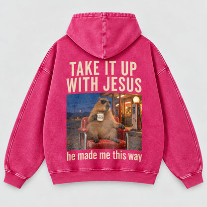 Take It Up With Jesus Hoodie – Funny Capybara Christian Washed Hoodie