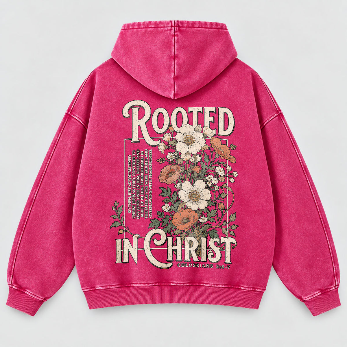 Rooted in Christ Washed Hoodie – Vintage Floral Bible Verse Christian Hoodie