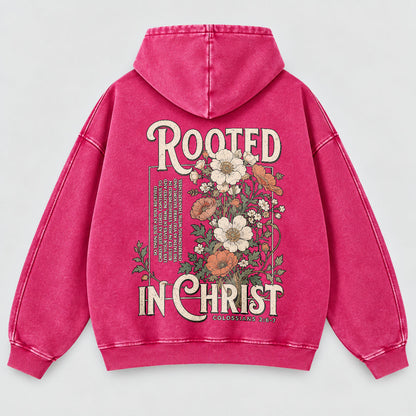 Rooted in Christ Washed Hoodie – Vintage Floral Bible Verse Christian Hoodie