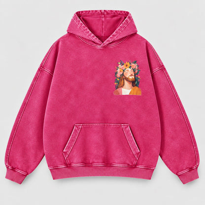 Jesus Floral Crown Washed Hoodie – Watercolor Christian Faith Hoodie