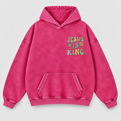 Jesus Is King Washed Hoodie – Retro Groovy Pastel Daisy Christian Hoodie