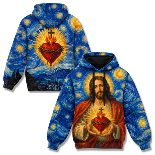 Sacred Heart of Jesus Van Gogh Starry Night - All-Over Print Hoodie