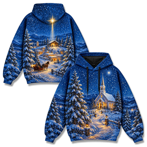 Silent Night Church Christian 3D Hoodie – Snowy Christmas Village