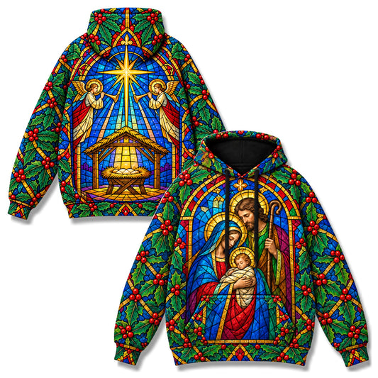 Holy Family Stained Glass Christian 3D Hoodie – Christmas Nativity